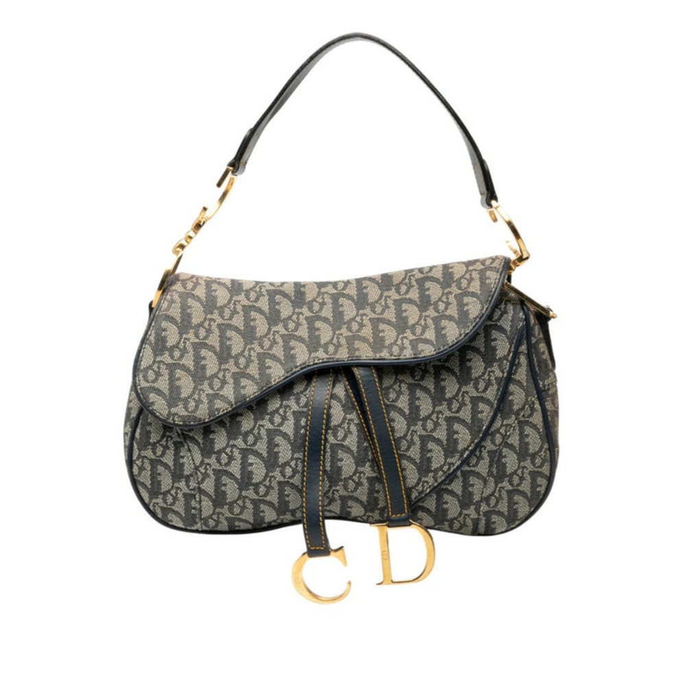 Dior Oblique Saddle Bag Handbag Hobo Navy Blue Beige Canvas Leather